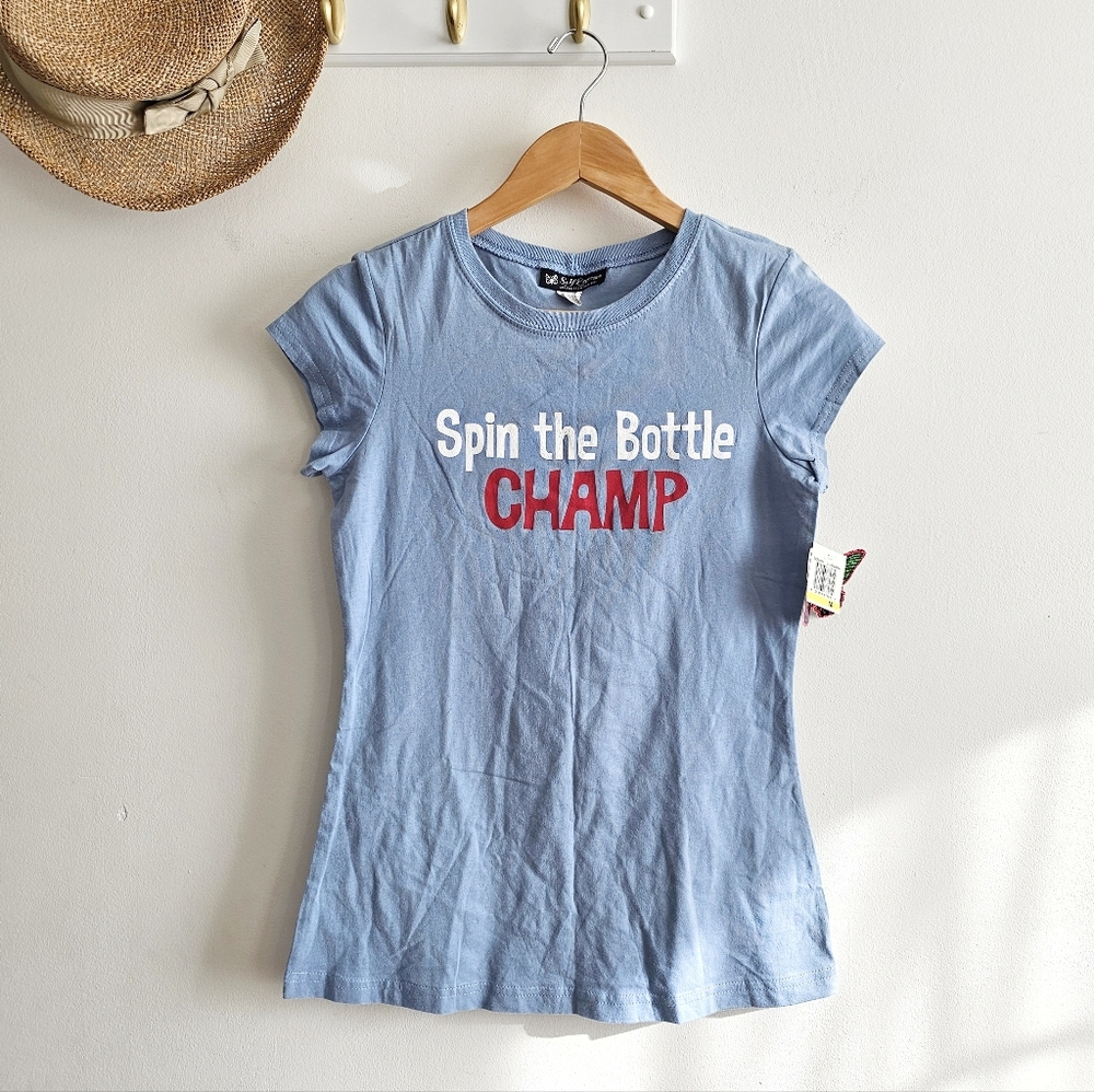 NWT Vintage Y2K Self Esteem “Spin the Bottle Champ” Graphic Tee Medium Blue